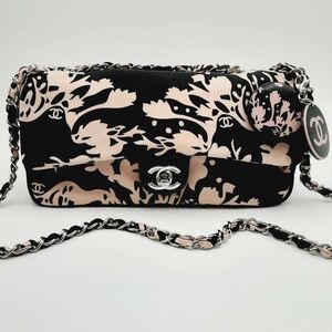 Chanel Black Pink Floral Canvas Medium Flap Shoulder Bag